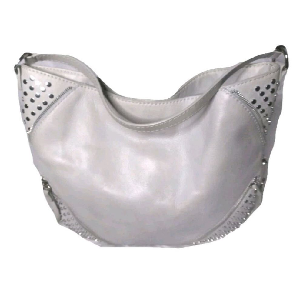 She+Lo  Leather Hobo Shoulder Bag  Studs Tassel Boho Bag Gray Taupe Retail $280